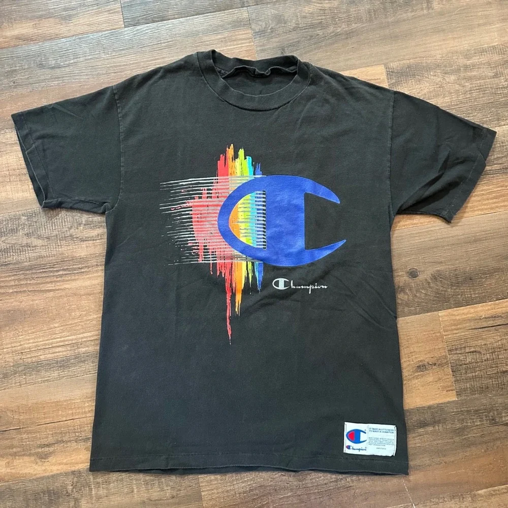 Vintage Champion T Shirt Made In USA Big C Rainbow Graphic Streetwear 90s Skate - Picture 6 of 7